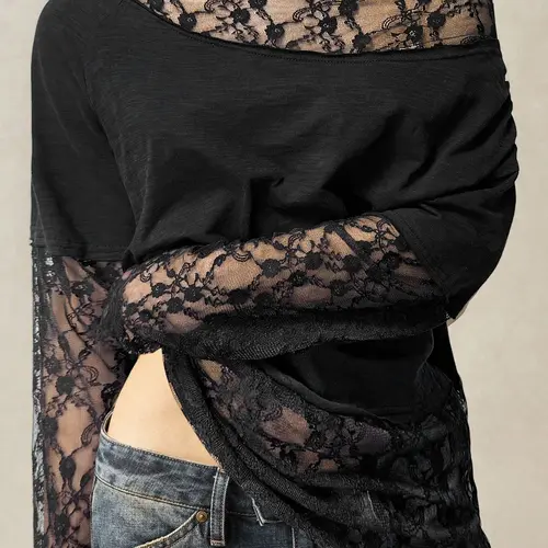 Chic Feminine Elegance Off-Shoulder Sheer Lace Blouse - Long Sleeve Oversized Mesh Top for Daily Casual Party Outfitsy Lace Tops