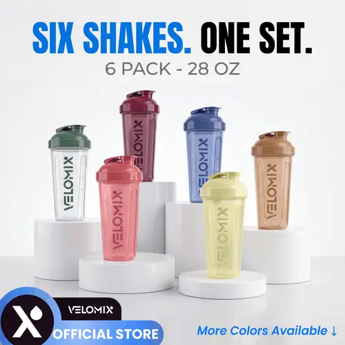 VELOMIX Unisex 6-Pack 28oz Polypropylene Protein Shaker Tumblers - BPA-Free, Leak-Proof, Built to Last Gym Sports Water Bottles with Wire Whisk Ball for Pre-Workout Essentials