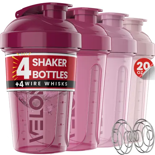 VELOMIX 20 Oz 4-Pack Leak-Proof Protein Shaker Bottles - BPA-Free, Dishwasher-Safe, Secure Twist Lid, Removable Mixing Ball for Protein Mixes, Workout Gym Sports Water Bottles