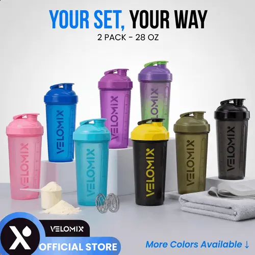 VELOMIX 2-Pack 28oz Classic Protein Shaker Bottles - BPA-Free, Leakproof Reusable with Secure Twist Lid, Wire Whisk Ball for Manual Clump-Free Mix, Gym Sports Accessories (Multiple Colors)