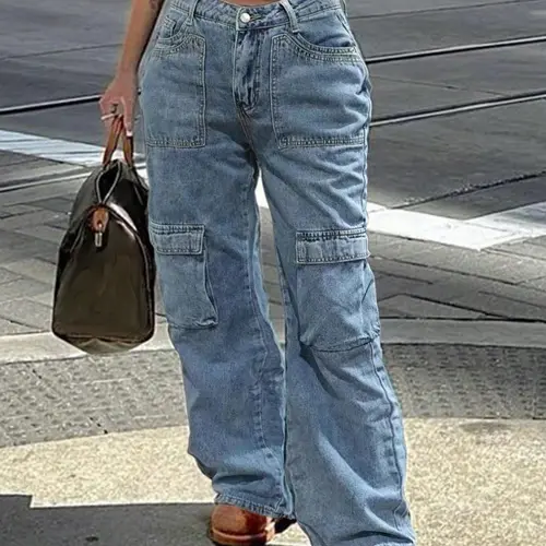 [Plus Size] Solid Color Pocket Straight Leg Jeans Trouser, Casual Basic Streetwear Fashion Denim Pants for Daily Wear, Women's Bottoms for All Seasons