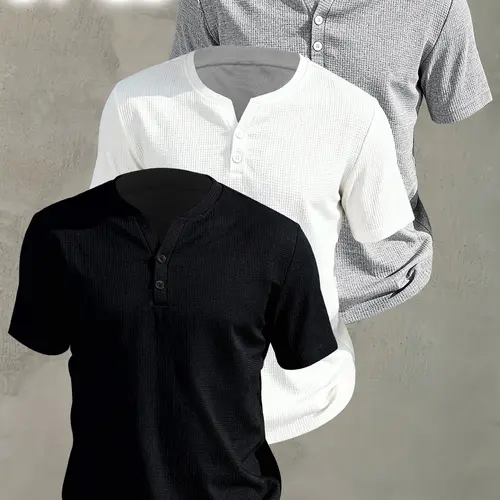 3-Pack Men's Henley Short Sleeve T-Shirt, Breathable Menswear Waffle Knit Summer Plain Casual Tee with Button Front, Machine Washable for Outdoor Daily Wear, Lightweight and Easy-Care Fabric