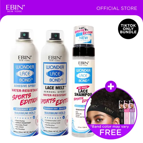 EBIN Sports Edition Adhesive Spray + Melt Aerosol Spray + Lace Shampoo Bundle With FREE Melting Band | Maximum Hold, Water Resistant, Rosemary Mint