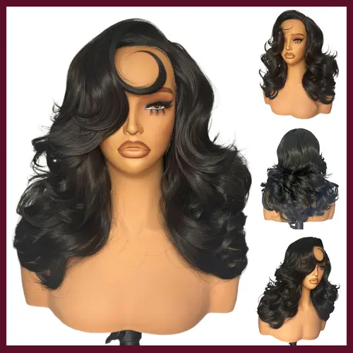 [Salon Blowout Layers] Beginher Hair-Wig N Go Collection 20 inches Heat Resistance 200% Density Layered Blowout Style Side Part 4x4x1 T-Part Lace Synthetic Wear Go Beginner Pre Cut Glueless Wigs Natural Black Color summerwins Heat Resistant Wig