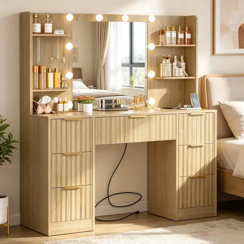 Fabiula Fluted Makeup Dresser - Modern Oak Furniture, LED-Accented Vanity with Mirror (23.2" Large), Power Outlet, 3 Color Lighting Modes, 6 Shelves, 7 Drawers, Mirrored Dressing Table for Bedroom
