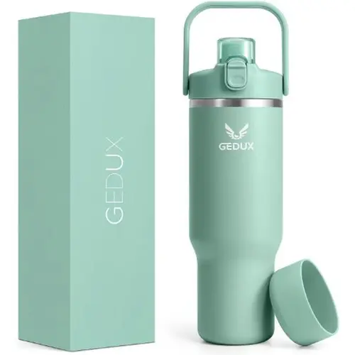 32oz/40oz (1,000-2,000 ml) Vacuum Insulated Stainless Steel Thermal Sporty Water Tumbler - Single Flask, Portable, Heatproof, Anti-Scalding, Handle, 2-in-1 Chug & Straw Lid, Protective Silicone Boot, for Outdoor Adults