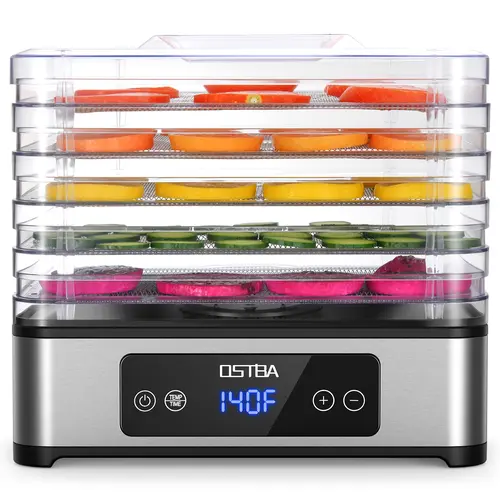 OSTBA Food Dehydrator with 5 Stainless Steel Embedded Trays, 400W Motor, 48H Timer Control, 95–160°F Temp Control, Quiet Small Dishwasher-Safe Dryer for Jerky, Fruits, BPA-Free, Cord Storage, Easy to Clean, Recipe Book Included, Kitchen, Non-Slip Feet, Sm
