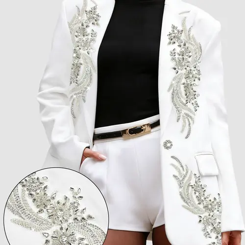 ASANDY Blazer for Women, Formal White Oversized Piece with Beaded Rhinestones & Floral Crystal Embroidery for Evening Wedding S M L