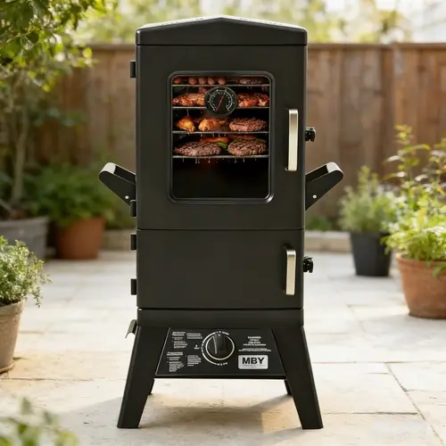 MAISON BACKYARDS (MBY) Large Vertical Propane Smoker - Heavy-Duty Steel Body, Rain-Ready Cover, 4 Cooking Grates, 20h Slow Cook Capacity, Fits 6 Whole Chickens/23 Burgers At Once, Spacious Cooker for Outdoor Barbecue, Tailgating, Camping