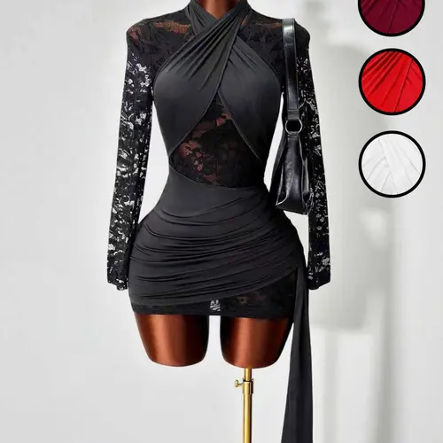 Women's Sexy Elegant Chic Sheer Patchwork Lace Halter-Neck Long Sleeve Bodycon Dress Piece Elegant Formal Style Womenswear Formal Wear Elegant Evening Wear for Dates, Stage, Party, Elegance