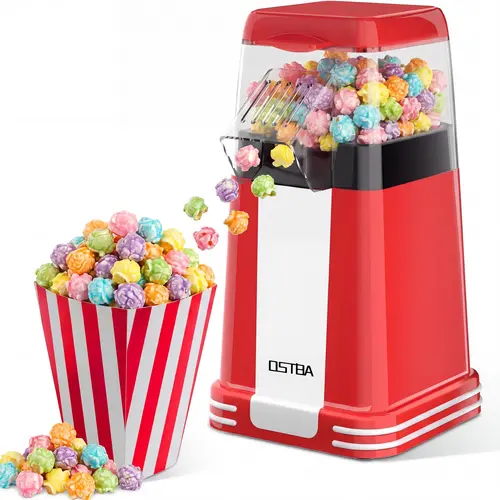 OSTBA Corded Stylish Mini Retro Eco-Friendly Oil-Free Popcorn Maker, 1200W Hot Air Popper Machine, 12-Cup Electric Popper with Butter Tray, 1-Button Control, Compact for Home, Dorms & Gifting