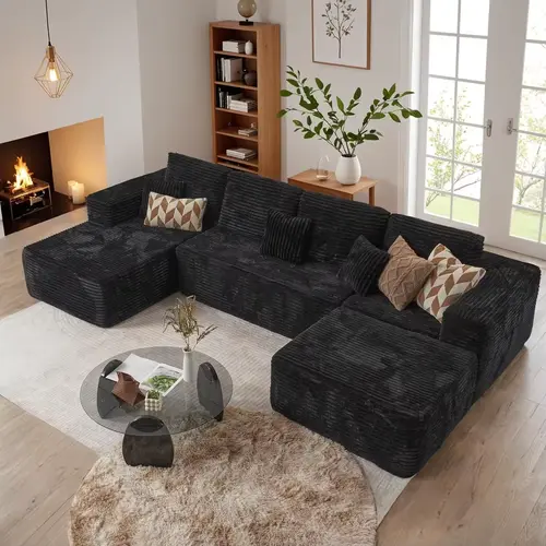 132'' U-Shape Oversized Cloud Sofa Couch - Corduroy Modular Sectional with 7 Soft Pillows, No Assembly Needed, Modern Design for Living Room, Comfortable Boneless Upholstered Couches, Sofas para Sala
