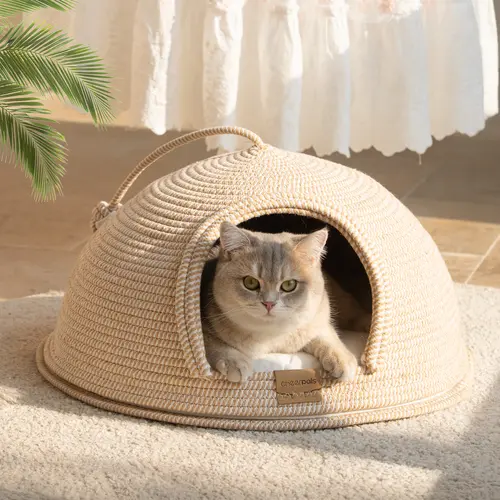 CheerPals Cotton Rope Cat Cave ,Scratch-resistant Woven Cat Bed with Zippered for Cozy Napping,Cute Cat Bed with Washable Cushion , Suitable for all seasons