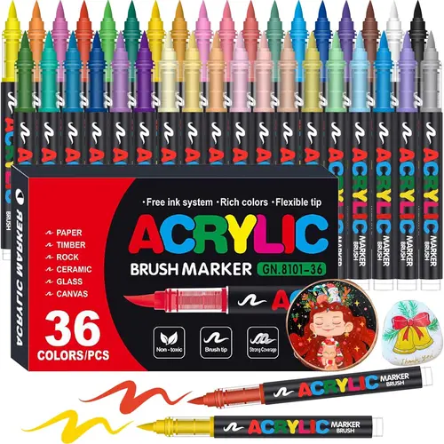 36 Color Acrylic Art Markers Pens - Soft Brush Tip, Automatic Ink Control System, Fade-Resistant Color Stays Vivid, Smooth Ink Flow for Clean Lines, Fine Detail Work, for Canvas, Rock Painting, DIY Crafts