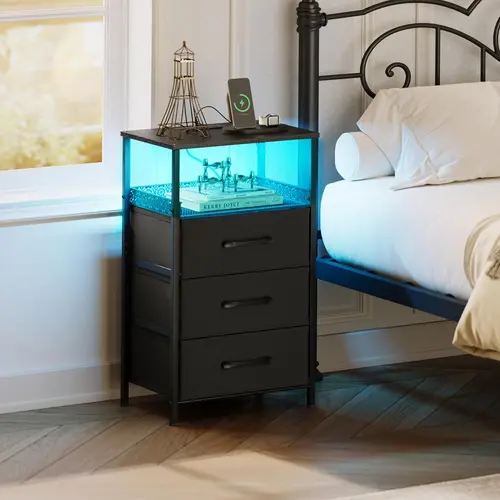 Bedside table set of 2 with charging station, 3-drawer nightstand with LED ambient lighting, side table featuring USB ports and power outlets, open shelving, 3 fabric storage drawers with PU coating, bedroom nightstand, black two-piece set