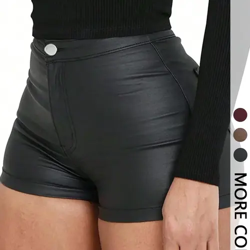 Women's Plain Minimalist PU Smooth High-Waisted Button Closure Shorts, Fitted Casual Style, 1 Piece, Perfect for Everyday Wear, Womenswear, Basic, Button Fly Shorts, Casual Comfy Shorts
