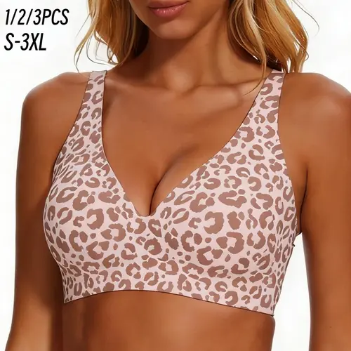 1/2/3PCS Leopard Jelly Wireless Bra Womens Comfortable Wireless Bras Push Up Bralettes Seamless Tshirts Bras Deep V Everyday Bras S-3XL