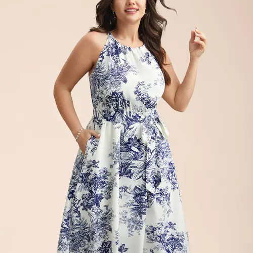 BLOOMCHIC Women's Casual Halter Neck Sleeveless Fit Midi Dress - Polyester-Spandex Garment, Everyday Fabric, Summer Vibe, Summerfinds