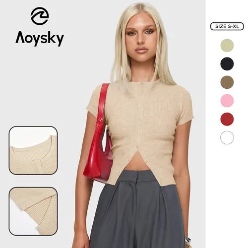 Aoysky Women's Collared Short-Sleeve Knitwear - Lady's Slim-Fit Cropped Button-Down Ribbed Shirt, Summer Casual Style, Soft Knit Fabric