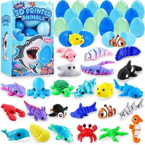 24pcs Prefilled with Easter Eggs 3D Printed Animals, Mini 3D Printed Ocean Figurines Gifts Toys for Kids Easter Basket Stuffers for Boy Girl School Classroom Prizes Hunt Supplies Party Favors