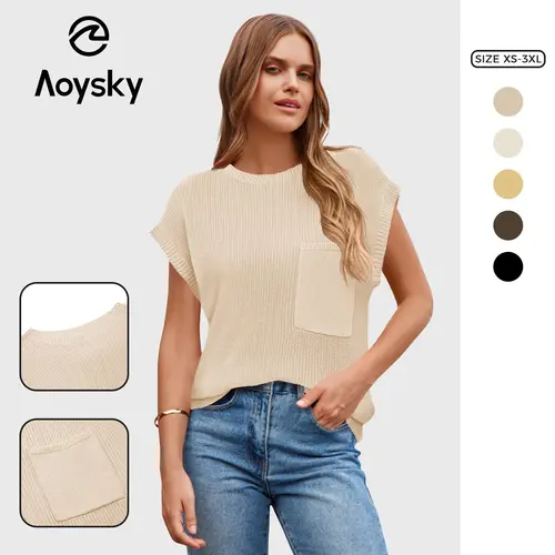 Aoysky Women's Cute Cotton Crew Neck Ribbed Knit Tank Top Vest - 2026 Trendy Shortsleeve Contemporary Cozy Plus-Size Non-Button Pullover for Summer-Fall Loungewear, Black & Army Colors (Cap Not Included), Contemporary Women's Pullovers