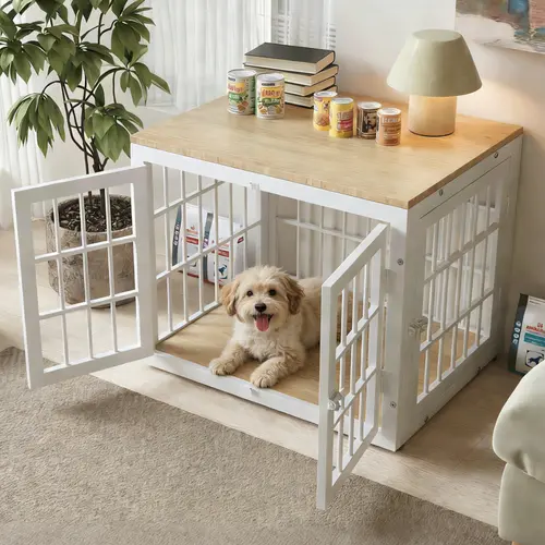 Collared Eagle 26" Heavy-Duty Dog Crate Furniture for Small Dogs, Decorative Pet House End Table, Wooden Cage Kennel Furniture Indoor, White and Natural, Wooden Crates, Escape Proof Kennel