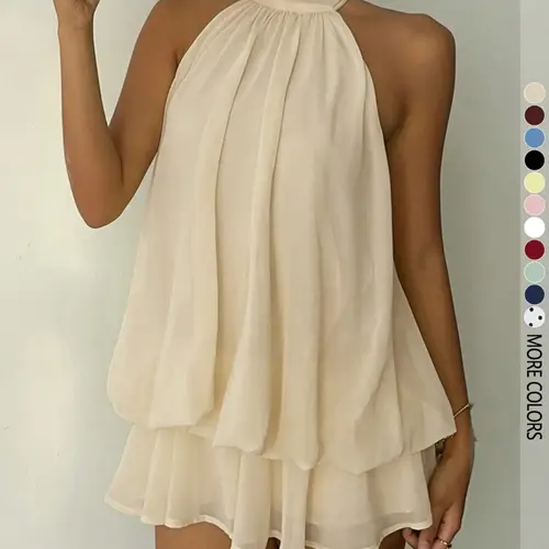 Women's Simple Solid Backless Halter One-Piece Jumpsuit, Elegant Ruffle Design, Perfect for Casual Wear, All Seasons Fashion, Outfit