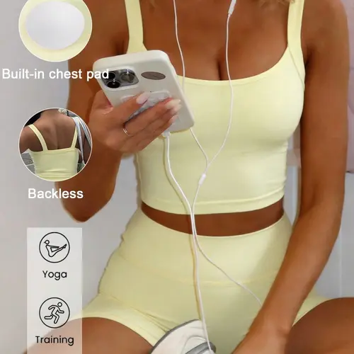 Women's Sportswear Yoga Fashion Set, Square Neck Crop Top & High-Waisted Shorts, Slim Fit Design, Elastic Comfortable Fabric, All-Season Wear, Workout Sets, Women Workout Clothes