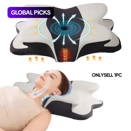 Double-Sided Neck Pillow, Dual-Height Contoured Memory Foam Contour Pillow with Cool Breathable Pillowcase, Enlarged Armrest Area and Center Groove Design, Soft Support for Side, Stomach and Back Sleepers #GLOBAL PICKS
