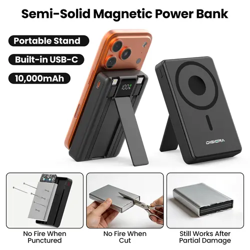 Digiera 10000mAh MagSafe Magnetic Phone Charger Power Bank - 2-in-1 Type C/Lightning Cables, LED Display, Phone Stand, for iPhone 17/16/15/14/13/12 Series, Everyday Carry International Travel Gear, Edc Gear