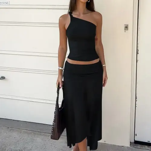 Two-piece Women's Solid Color One Shoulder Knotted Sleeveless Tank Top & Ruched Irregular Hem Skirt Beach Outfits Set, Casual Chic Skirt Outfits for Daily & Outdoor Wear, Ladies Clothes for Summer