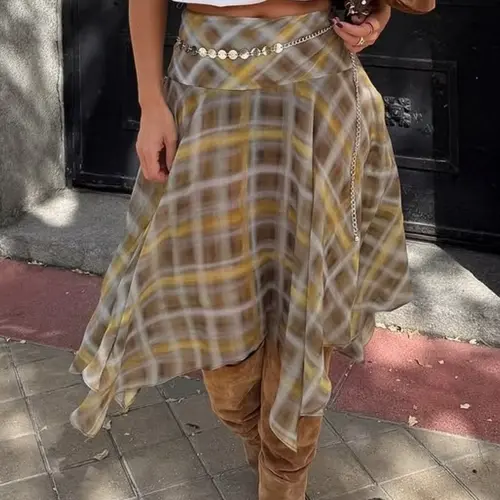 Women's Plaid Asymmetrical Midi Skirt, High Waist Skirts, Soft Lightweight Fabric, Flowing Handkerchief Hem, Vintage Chic Street Style, Casual Spring & Autumn Slim Fit Skirt for Daily Wear