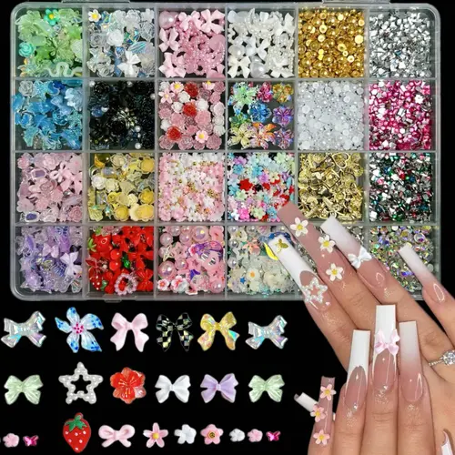1Box Dopamine Colored Resin Flower Bow Nail Charms Semi-circular Rhinestones Pearl Mini Shell Feather Flakes Mixed Nail Decor DIY Elegant Bling Rhinestone Decorated Flower Nails Nail Art Supplies Nail Art Accessories Resin Nail Gems Nail Decoration