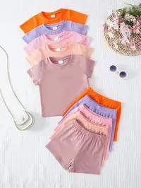 10-Piece Baby Girls' Soft Comfortable Cozy Knitted Solid Color Short-Sleeve Top & Shorts Set, Casual Summer Clothes Outfits