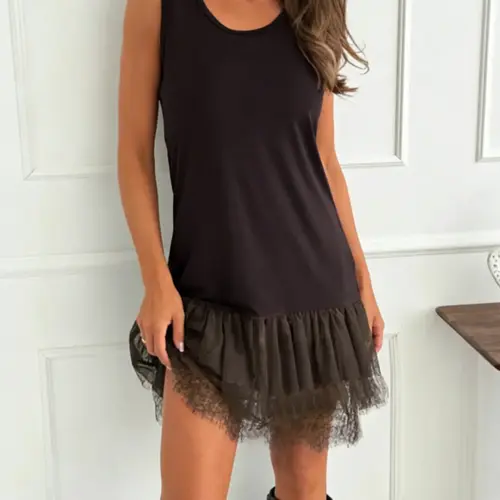 1 Piece Stylish Casual Chic Sheer Lace Tiered Hem Stretch Elastic Fitted Sleeveless Tank Mini Dress Casual Wear | Euro-American Y2K Cute-Edge Vibe | Tiered Lace + Stretch Fabric Beach Party Dresses