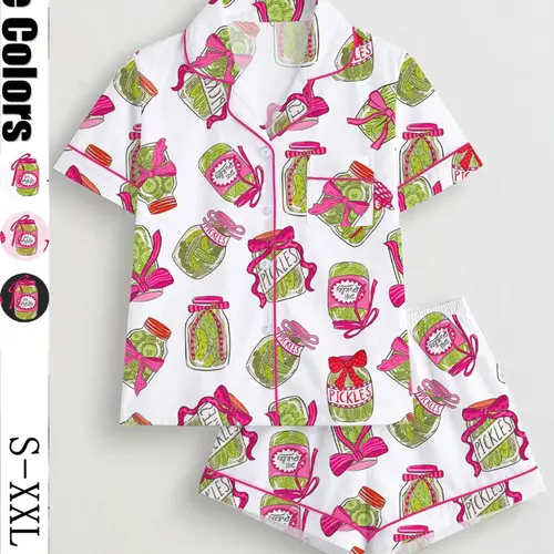 Women's Sleepwear Loungewear Set, Cucumber Can Print Short Sleeve Shirt & Loose Elastic Shorts, Casual Fashion Daily Wear, Holiday Party
