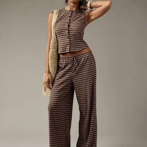 Women's Casual Striped Button-Up Sleeveless Top & Wide-Leg Pants Set, Chic Two-Piece Outfit for Everyday Wear, Comfortable and Stylish Matching Design, Summer Knit Set
