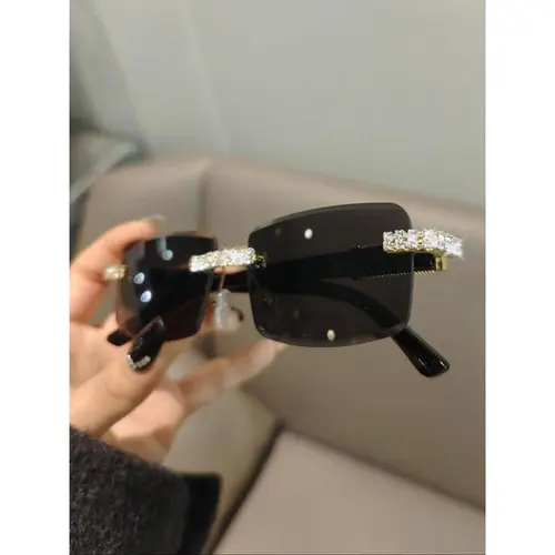 Women's Rhinestone Decorated Rimless Rectangle Frame Sunglasses - Casual Style Eyewear, High-Quality Eyewear Fashion Accessory for Daily & Outdoor Use
