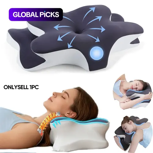 Double-Sided Orthopedic Memory Foam Neck Pillow with Cooling Zoned Cover, Contoured Design with Extra-Large Armrest for Side, Stomach and Back Sleepers, Unscented #GLOBAL PICKS