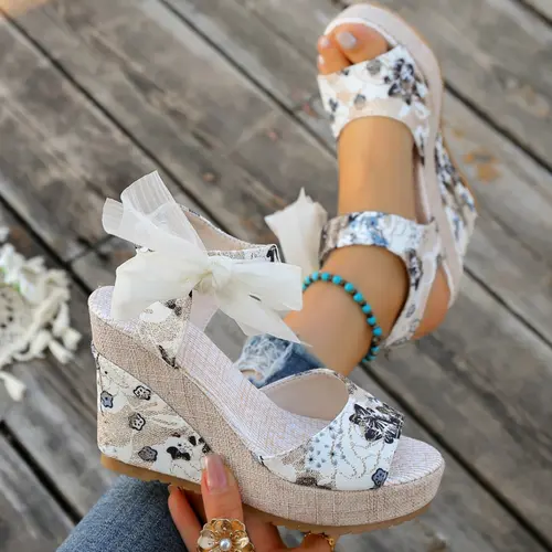 Ethnic Floral Bow Tie High Heel Waterproof Platform Fish Mouth Bohemian Sandals for Women Summer New Elegant Outdoor Wedge Thick Sole Shoes Boho Style Wedge