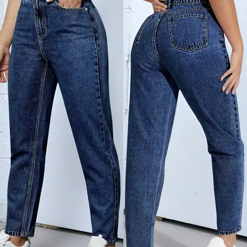 Elegant Women's High Waist Slim Fit Cone Straight Pocket Jeans Pants, Stylish Chic Dark Wash High Waisted Denim Long Trousers, Perfect for Casual Wear