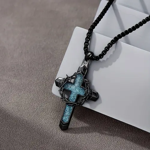 1Pcs Cross Necklace for Men, Turquoise Cross Pendant Necklace with a Thorny Wreath and Cross Design, Religious Christmas Birthday Gifts for Men And Women Jewelry Present