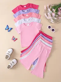 Baby Toddler Soft Comfortable Knit Fabric Outfits, Solid Color Short Sleeve Top and Bell Bottom Pants Set, 10 Piece Pack Baby Clothing Gift Sets