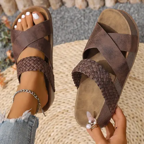 Women's Multicolor Cross Strap Wedge Heel Mules, Vintage Thick Sole Commuter PU Leather Sandals, Retro Style Slip-On Slippers, Casual Footwear for Summer & Spring, Daily Wear Sandals, Wedges Footwear