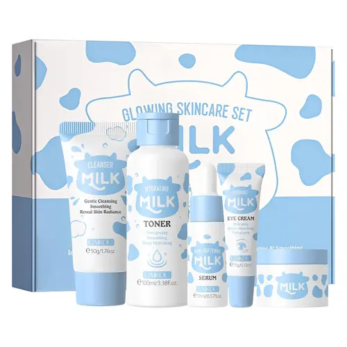 5/14PCS Milk Infused Skin Care Set, Daily Skincare Routine Kit For Women And Teens, Luxury Skincare Gift Set, Travel Size Toiletries With Gentle Milk Cleanser, Milky Hydrating Toner, Nourishing Milk Serum, Soothing Eye Cream, Moisturizing Face Cream