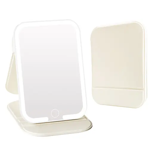 Sunrat Rechargeable LED Compact Handheld Mirror (Beige) - Adjustable Lighted High Brightness Illuminated Travel Essential, 3 Color Touch Dimmable Vanity Mirror, Cosmetic Travel Gear, Adjustable Lighted Mirror, Led Compact Handheld Mirrors, Lightweight, Hi