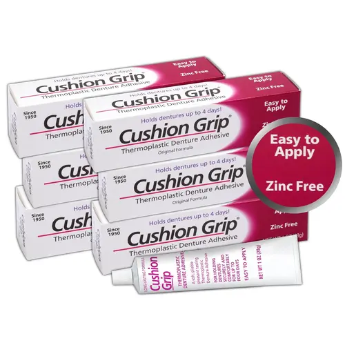 Cushion Grip Thermoplastic Denture Adhesive 1oz (6 Pack)–Extra Strong Hold Up to 4 Days, Unmatched Strength, Waterproof & Zinc Free, Relieves Sore Gums, Comfortable Refit, Long Lasting Denture Refit