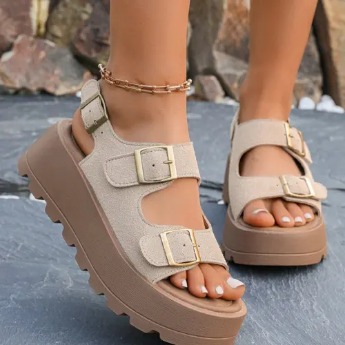 Women's Thick Sole Open Toe Sandals, Fashion Casual PU Leather Flatform Sandals, Soft Rubber Sole Shoes, Solid Color Summer Footwear, Daily Wear Sandals