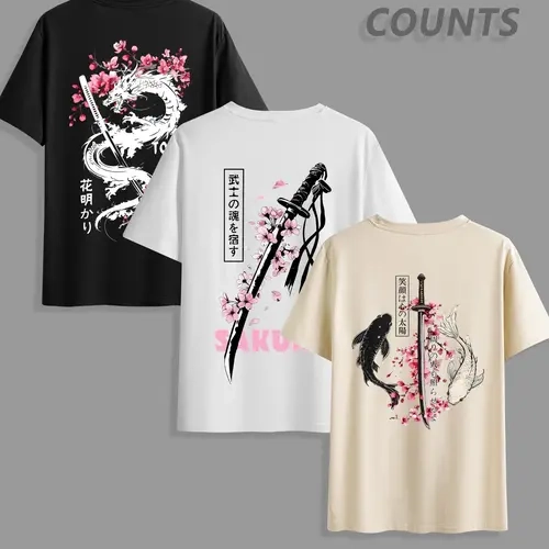 Men's 3-Pack Set Classic Graphic Fitted T-Shirts with Animal, Sakura and Knife Print, Summer Trendy Round-Neck Short-Sleeve Tops, Casual Comfort Breathable Clothes for Outdoor Streetwear, Graphic Tees, Menswear