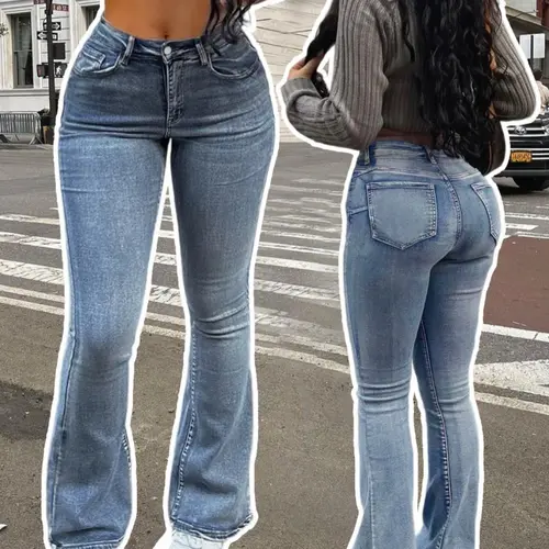 Spring Summer Women's Basic Chic Mid-Waist Washed Elastic Button Hip Lift Jeans, Tight Butt Lifting Flare Pants, Slim Fit Versatile Denim Trousers, Bottoms